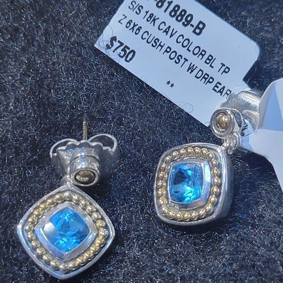 $750 NEW LAGOS CAVIAR 18K GOLD + STERLING SILVER BLUE TOPAZ DROP EARRINGS NWT - Picture 5 of 7